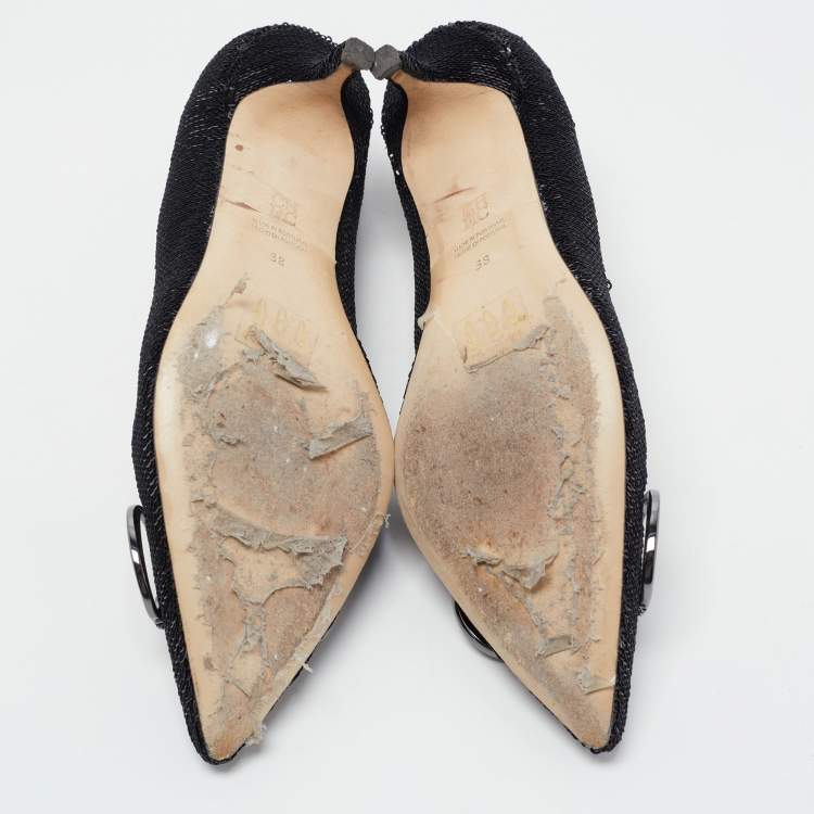 Pre Owned CH Carolina Herrera Black Sequins and Leather Pointed Toe Pumps Size 38