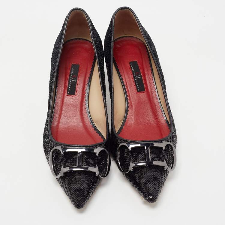 Pre Owned CH Carolina Herrera Black Sequins and Leather Pointed Toe Pumps Size 38