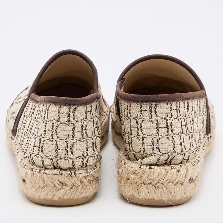Pre Owned CH Carolina Herrera Beige/Brown Monogram Canvas and Leather Espadrille Flats Size 36