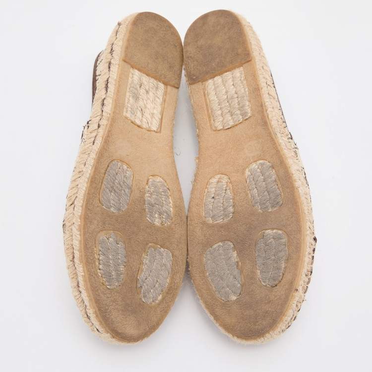 Pre Owned CH Carolina Herrera Beige/Brown Monogram Canvas and Leather Espadrille Flats Size 36