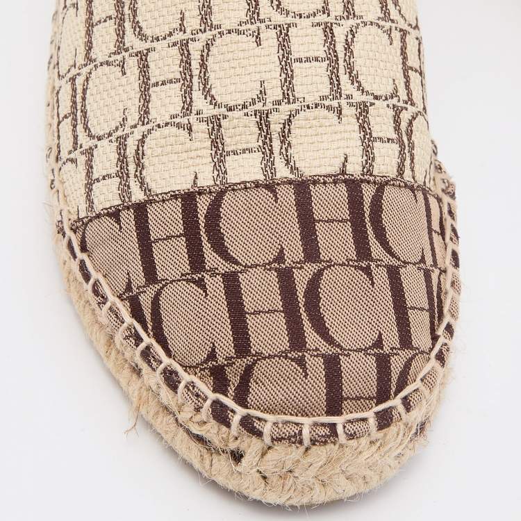 Pre Owned CH Carolina Herrera Beige/Brown Monogram Canvas and Leather Espadrille Flats Size 36