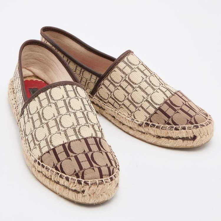 Pre Owned CH Carolina Herrera Beige/Brown Monogram Canvas and Leather Espadrille Flats Size 36