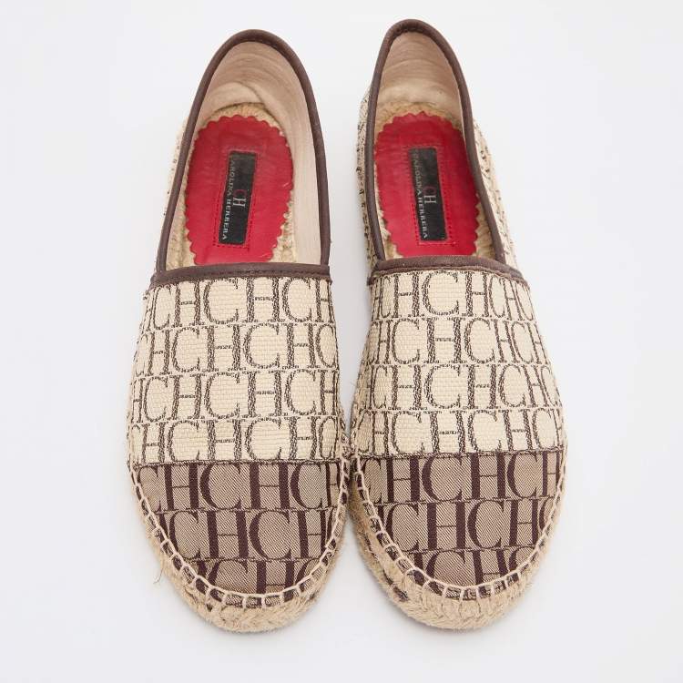 Pre Owned CH Carolina Herrera Beige/Brown Monogram Canvas and Leather Espadrille Flats Size 36