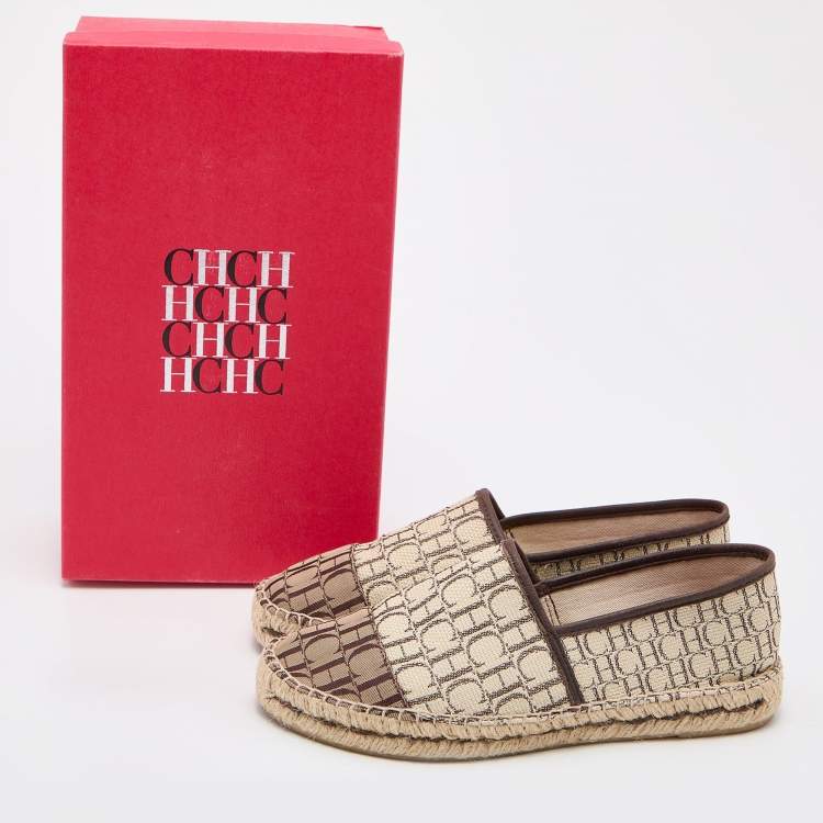 Pre Owned CH Carolina Herrera Beige/Brown Monogram Canvas and Leather Espadrille Flats Size 36
