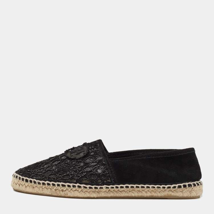 Pre Owned CH Carolina Herrera Black  Corded Lace And Suede Trim Espadrille Size 37