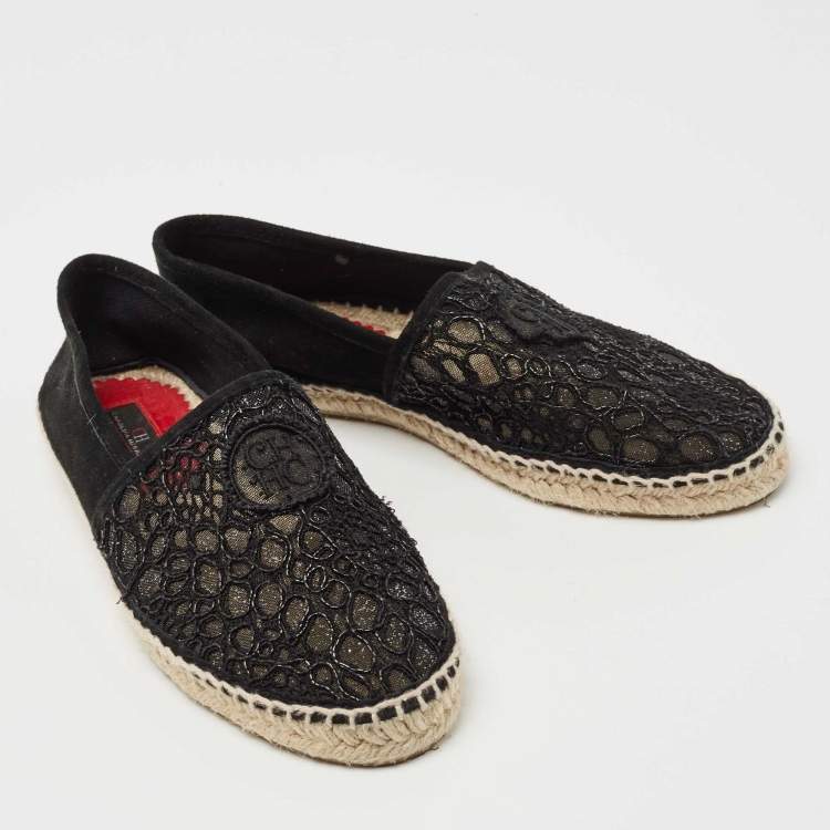 Pre Owned CH Carolina Herrera Black  Corded Lace And Suede Trim Espadrille Size 37