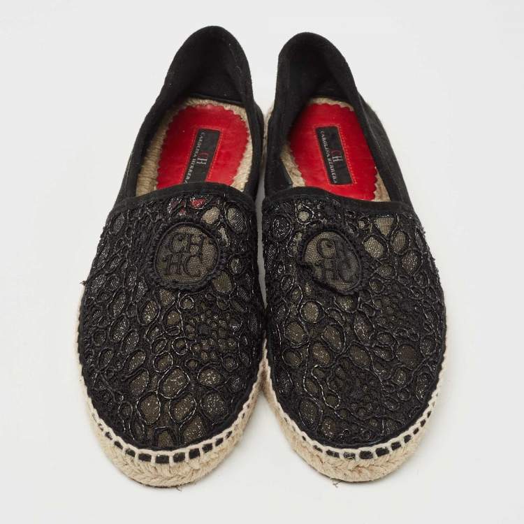 Pre Owned CH Carolina Herrera Black  Corded Lace And Suede Trim Espadrille Size 37