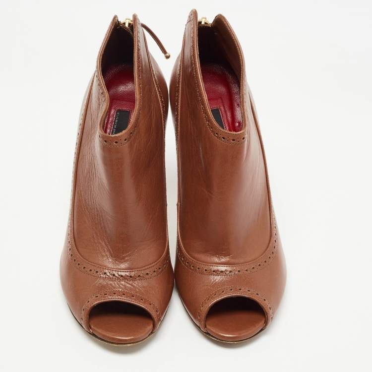 Pre Owned CH Carolina Herrera Brown Leather Peep Toe Ankle Booties Size 37