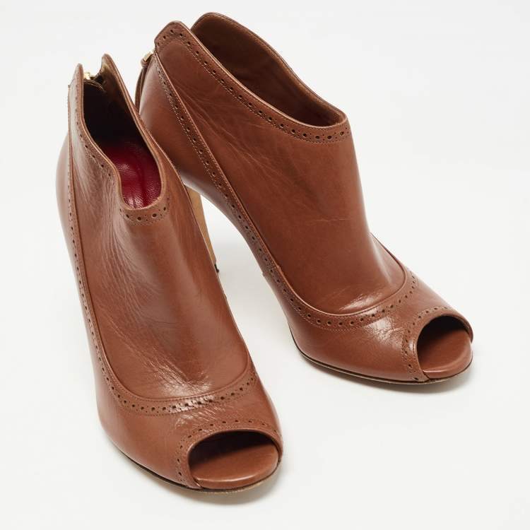 Pre Owned CH Carolina Herrera Brown Leather Peep Toe Ankle Booties Size 37