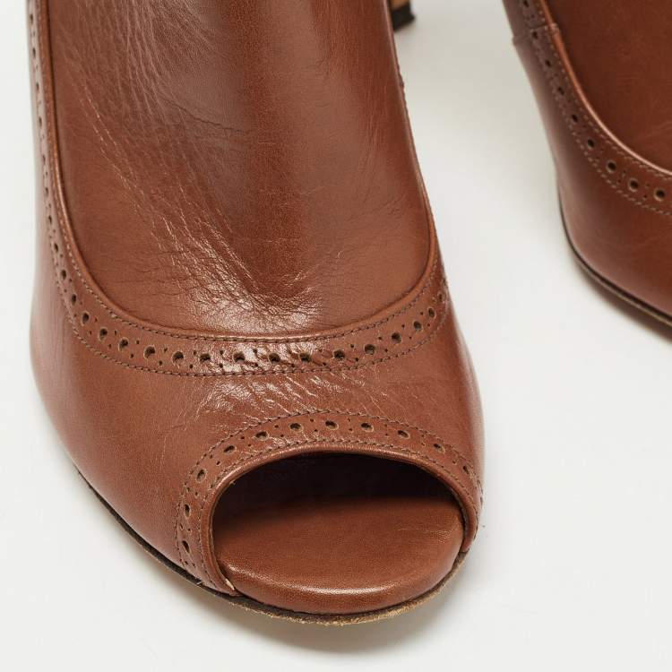 Pre Owned CH Carolina Herrera Brown Leather Peep Toe Ankle Booties Size 37