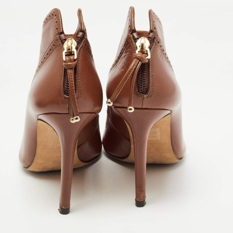 Pre Owned CH Carolina Herrera Brown Leather Peep Toe Ankle Booties Size 37