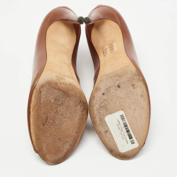 Pre Owned CH Carolina Herrera Brown Leather Peep Toe Ankle Booties Size 37