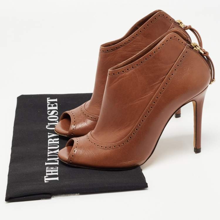 Pre Owned CH Carolina Herrera Brown Leather Peep Toe Ankle Booties Size 37