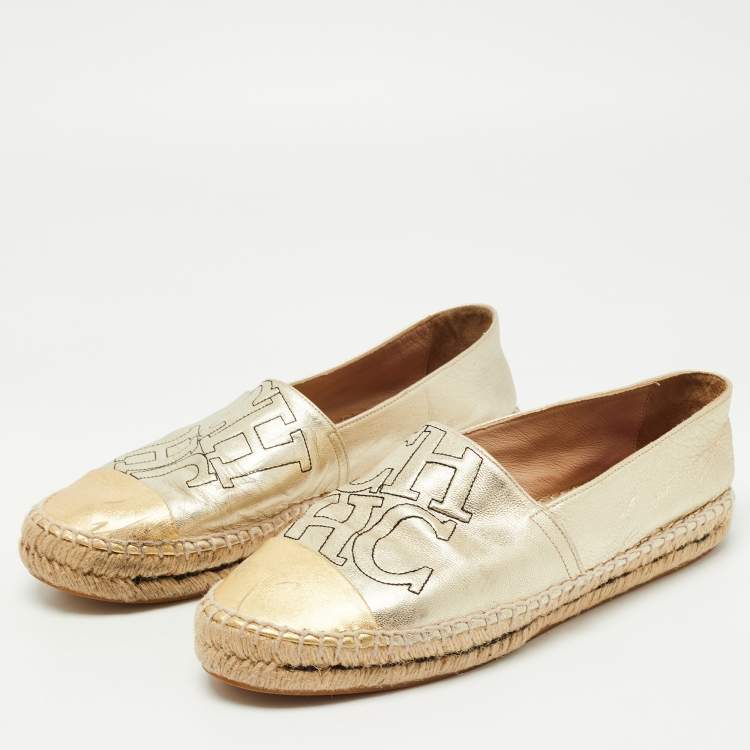 Pre Owned CH Carolina Herrera Metallic Gold Leather Espadrilles Size 39