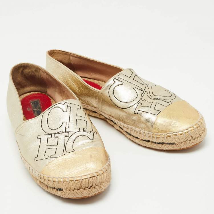 Pre Owned CH Carolina Herrera Metallic Gold Leather Espadrilles Size 39