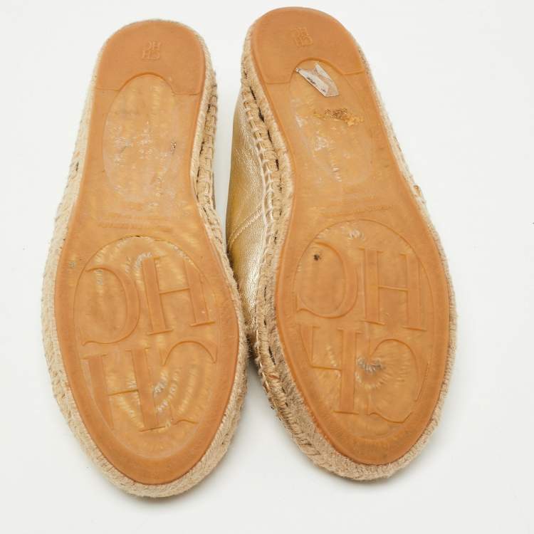 Pre Owned CH Carolina Herrera Metallic Gold Leather Espadrilles Size 39
