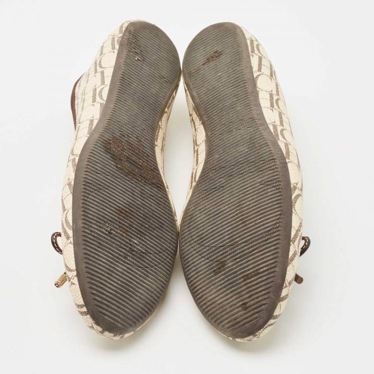 Pre Owned CH Carolina Herrera Cream Monogram Canvas Bow Cap Toe Ballet Flats Size 37