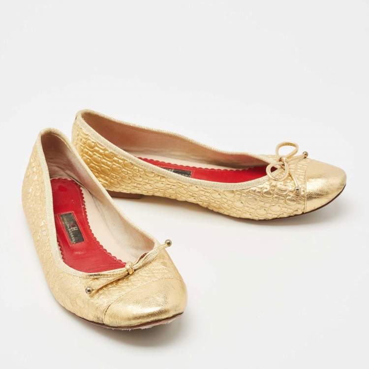 Pre Owned CH Carolina Herrera Gold Logo Embossed Leather Bow Ballet Flats Size 39