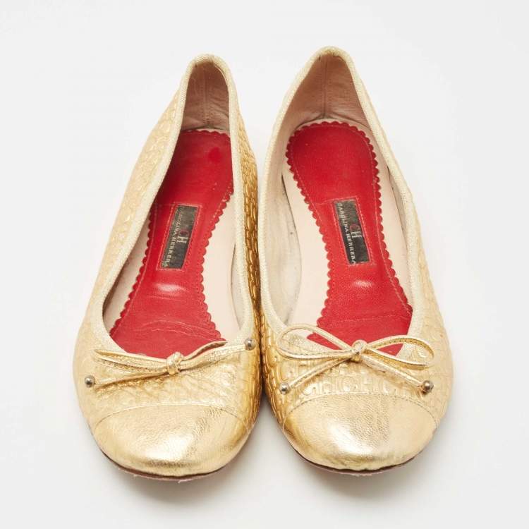 Pre Owned CH Carolina Herrera Gold Logo Embossed Leather Bow Ballet Flats Size 39