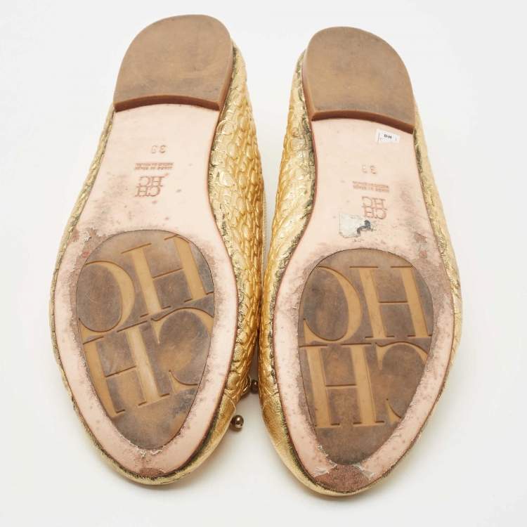 Pre Owned CH Carolina Herrera Gold Logo Embossed Leather Bow Ballet Flats Size 39