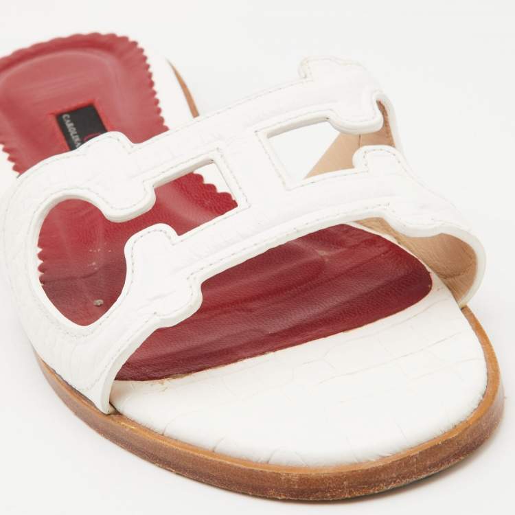 Pre Owned CH Carolina Herrera White Croc Embossed Leather CH Insignia Cutout Slide Sandals Size 37