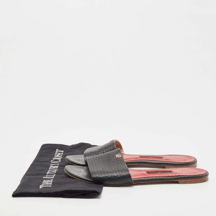 Pre Owned CH Carolina Herrera Black  Leather Monogram Logo Embossed Slide Flats Size 38