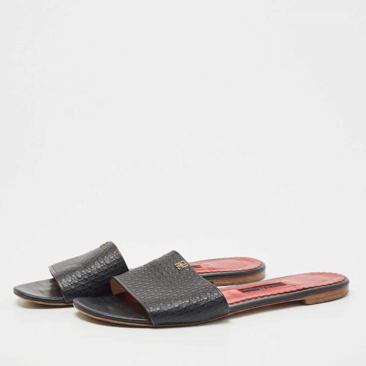 Pre Owned CH Carolina Herrera Black  Leather Monogram Logo Embossed Slide Flats Size 38