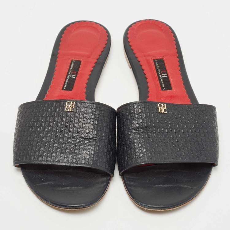 Pre Owned CH Carolina Herrera Black  Leather Monogram Logo Embossed Slide Flats Size 38