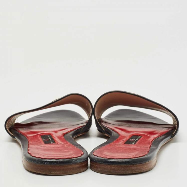 Pre Owned CH Carolina Herrera Black  Leather Monogram Logo Embossed Slide Flats Size 38