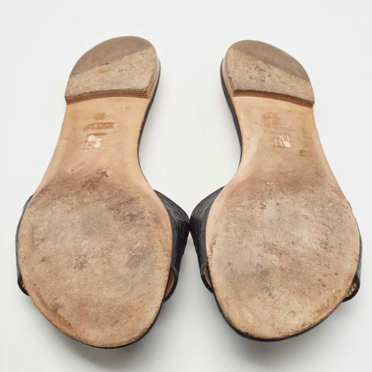 Pre Owned CH Carolina Herrera Black  Leather Monogram Logo Embossed Slide Flats Size 38