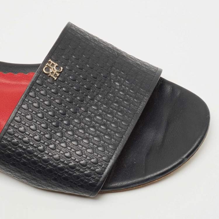 Pre Owned CH Carolina Herrera Black  Leather Monogram Logo Embossed Slide Flats Size 38