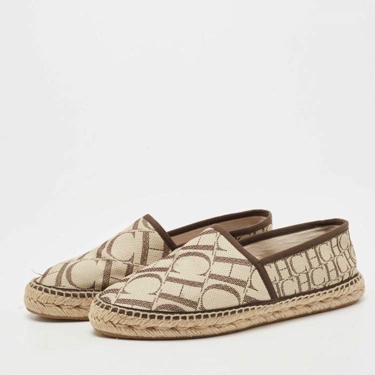 Pre Owned CH Carolina Herrera Brown/Beige Canvas Espadrille Flats Size 38
