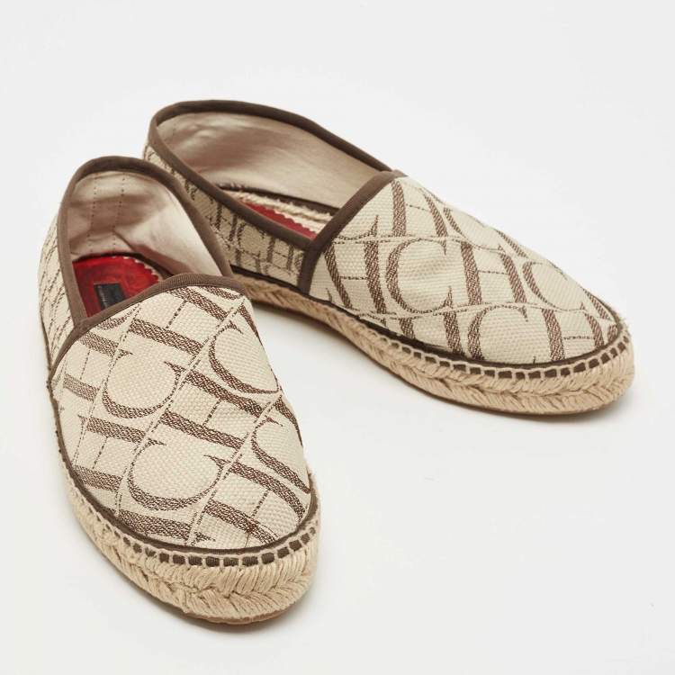 Pre Owned CH Carolina Herrera Brown/Beige Canvas Espadrille Flats Size 38