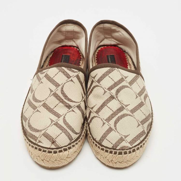 Pre Owned CH Carolina Herrera Brown/Beige Canvas Espadrille Flats Size 38