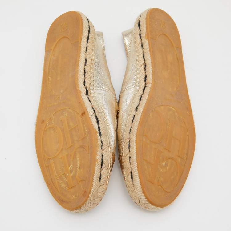 Pre Owned CH Carolina Herrera Silver/Gold Leather CH Logo Espadrille Flats Size 39