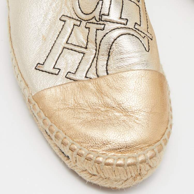 Pre Owned CH Carolina Herrera Silver/Gold Leather CH Logo Espadrille Flats Size 39
