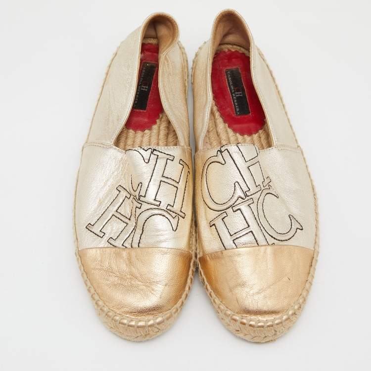 Pre Owned CH Carolina Herrera Silver/Gold Leather CH Logo Espadrille Flats Size 39