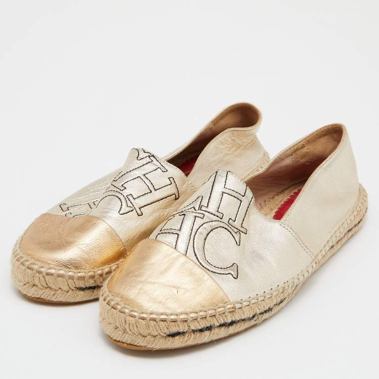 Pre Owned CH Carolina Herrera Silver/Gold Leather CH Logo Espadrille Flats Size 39