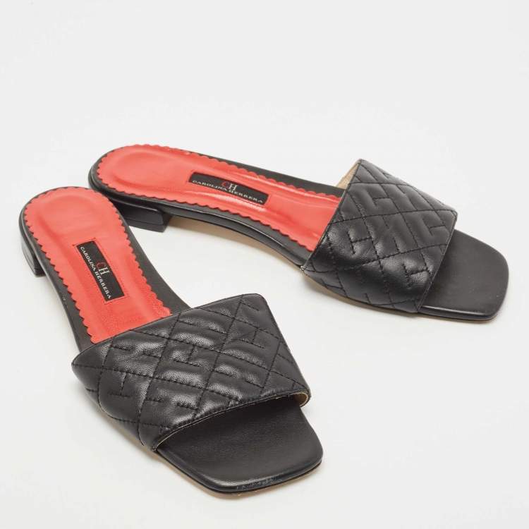 Pre Owned  CH Carolina Herrera Black Initials Quilted Leather Initials 2020 Flat Slides Size 38