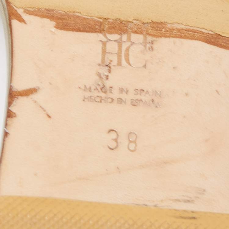 Pre Owned CH Carolina Herrera Gold Leather Logo Flat Slides Size 38