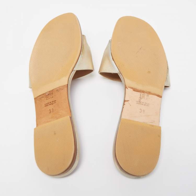 Pre Owned CH Carolina Herrera Gold Leather Logo Flat Slides Size 38