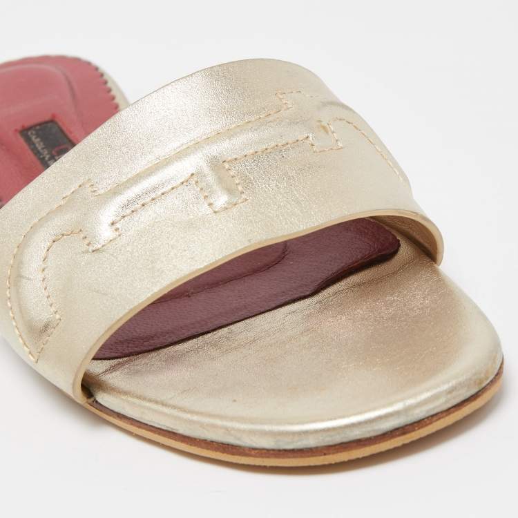 Pre Owned CH Carolina Herrera Gold Leather Logo Flat Slides Size 38