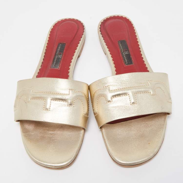 Pre Owned CH Carolina Herrera Gold Leather Logo Flat Slides Size 38