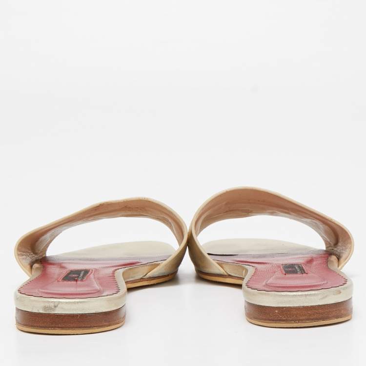 Pre Owned CH Carolina Herrera Gold Leather Logo Flat Slides Size 38