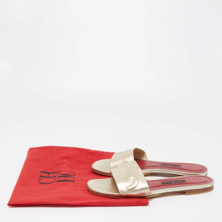 Pre Owned CH Carolina Herrera Gold Leather Logo Flat Slides Size 38