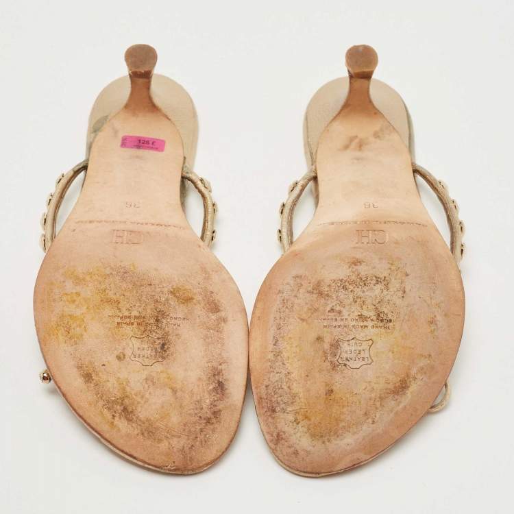 Pre Owned CH Carolina Herrera Gold Studded Leather Bow Logo Charm Thong Sandals Size 36