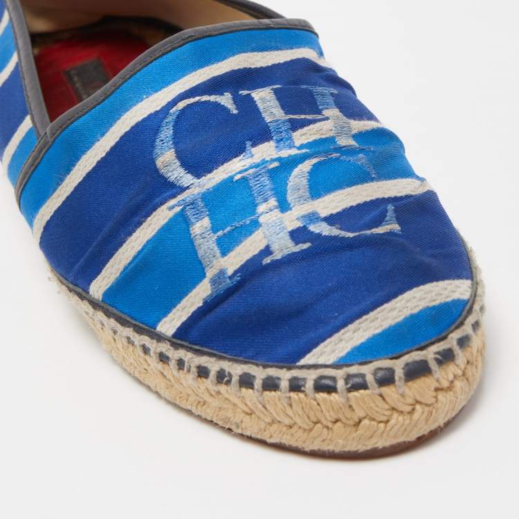 Pre Owned CH Carolina Herrera Blue Canvas Striped Espadrille Flats Size 37