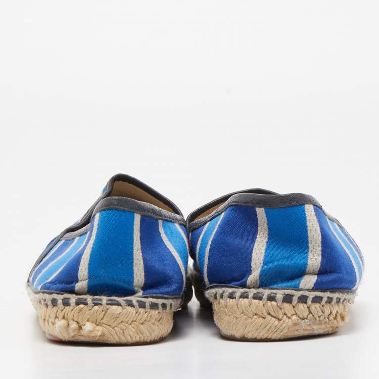 Pre Owned CH Carolina Herrera Blue Canvas Striped Espadrille Flats Size 37