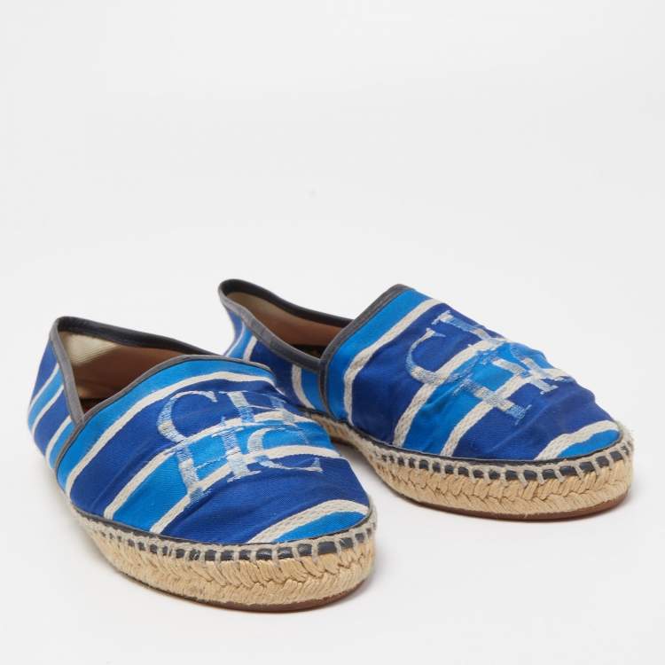 Pre Owned CH Carolina Herrera Blue Canvas Striped Espadrille Flats Size 37