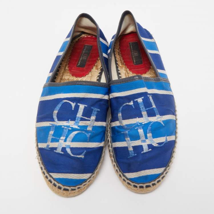 Pre Owned CH Carolina Herrera Blue Canvas Striped Espadrille Flats Size 37